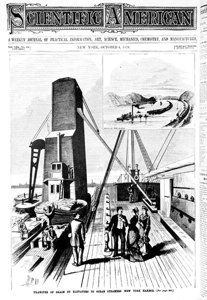 Överföring av spannmål med hissar till havsångare, New York Harbor omslagsillustration från Scientific American, 4 oktober 1879 av American School