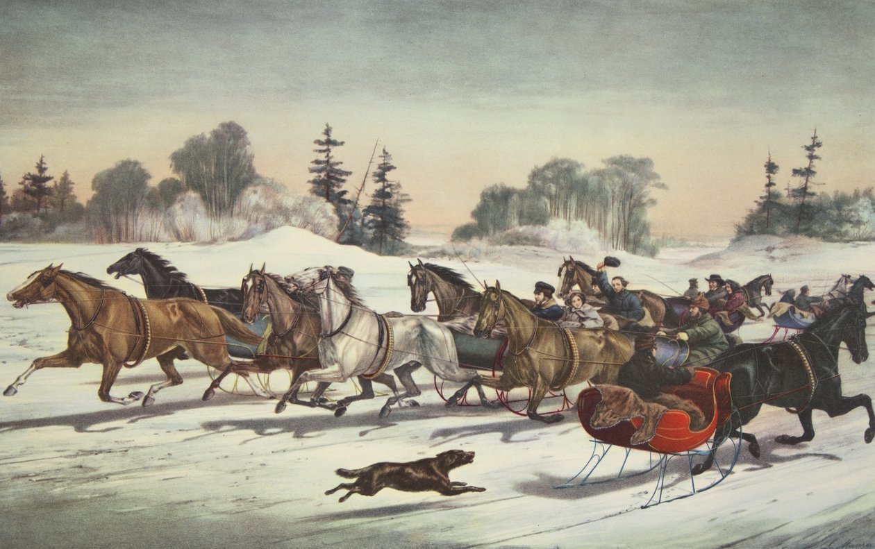 Travsprickor på The Snow, Currier & Ives av American School