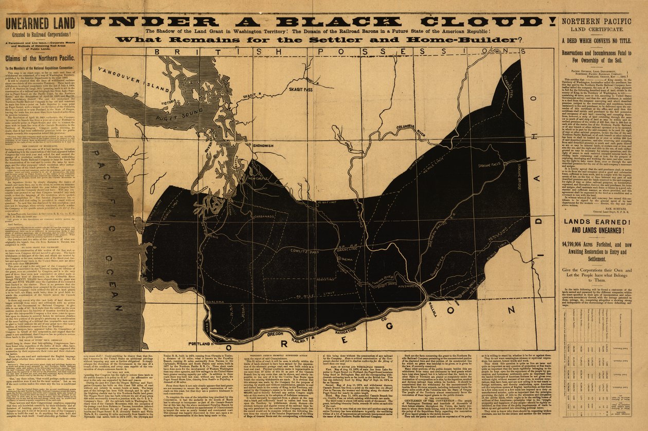 Under ett svart moln! Vad återstår för nybyggaren och husbyggaren? Karta över Washington-territoriet publicerad av inrikesdepartementet 1883 av American School