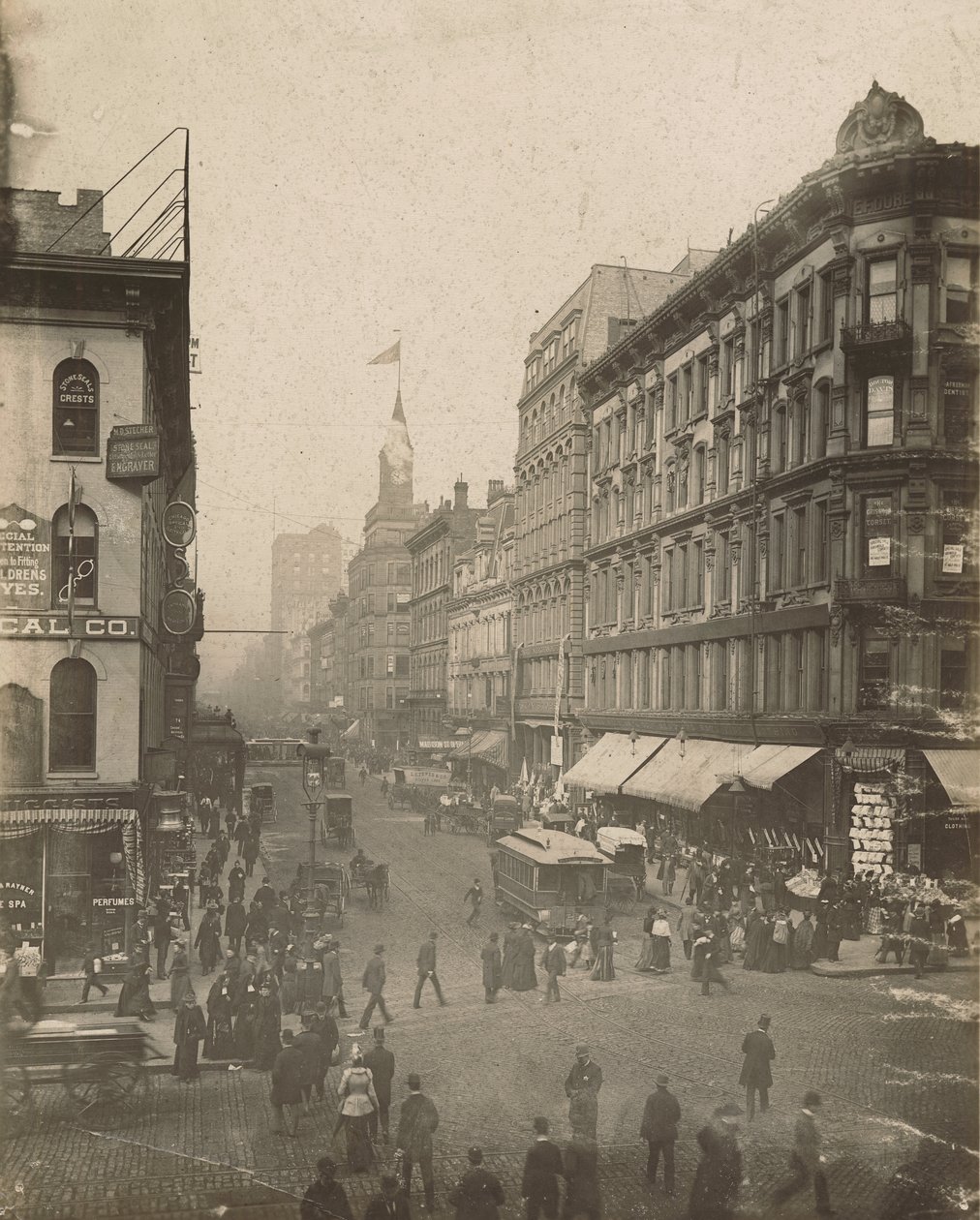 Utsikt över Madison Street västerut från State Street, Chicago, 1889 av American School