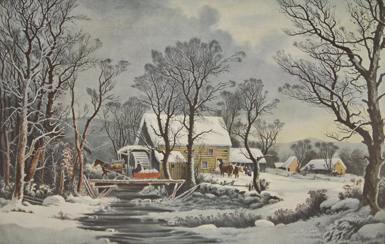 Vinter på landet - The Old Grist Mill, pub. 1864, Currier & Ives av American School