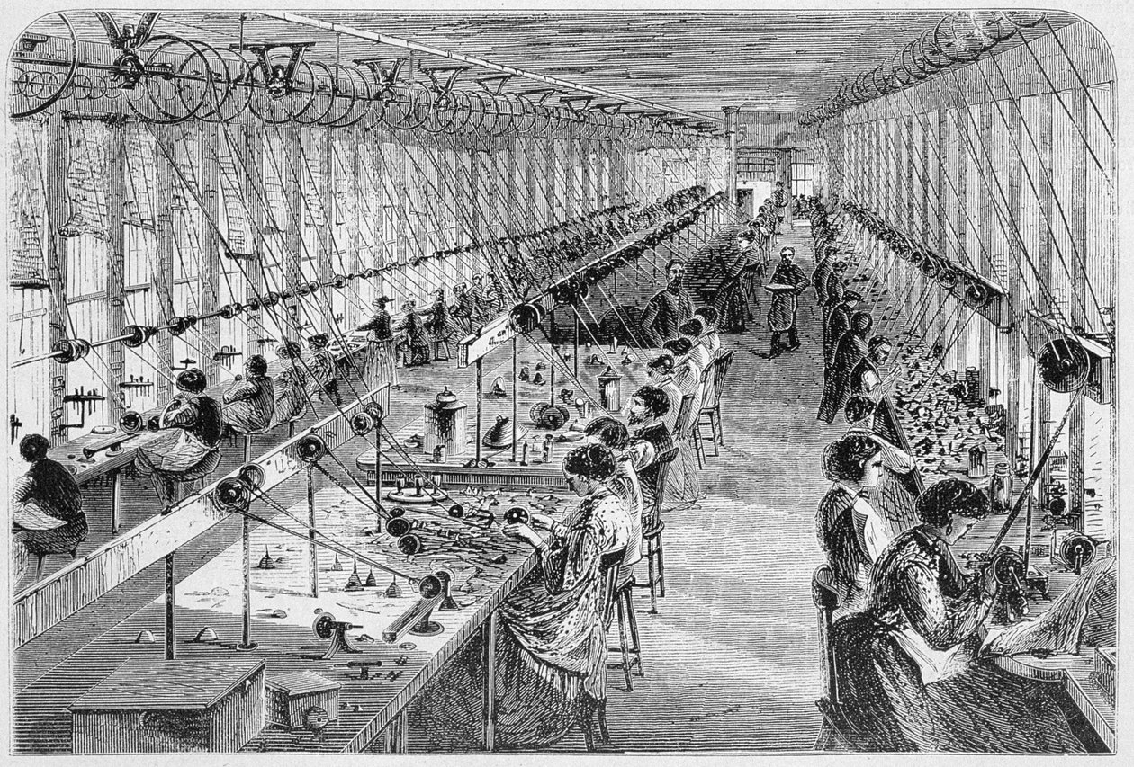 Kvinnor i en klockfabrik i Waltham, Massachusetts, 1870 (se även 251300) av American School