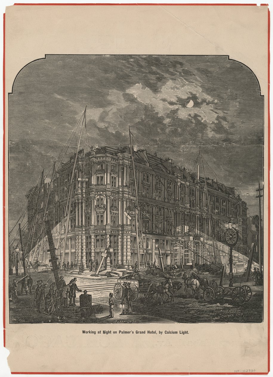 Working at Night på Palmers Grand Hotel av Calcium Light, illustration från The Land Owner, ca 1872 av American School