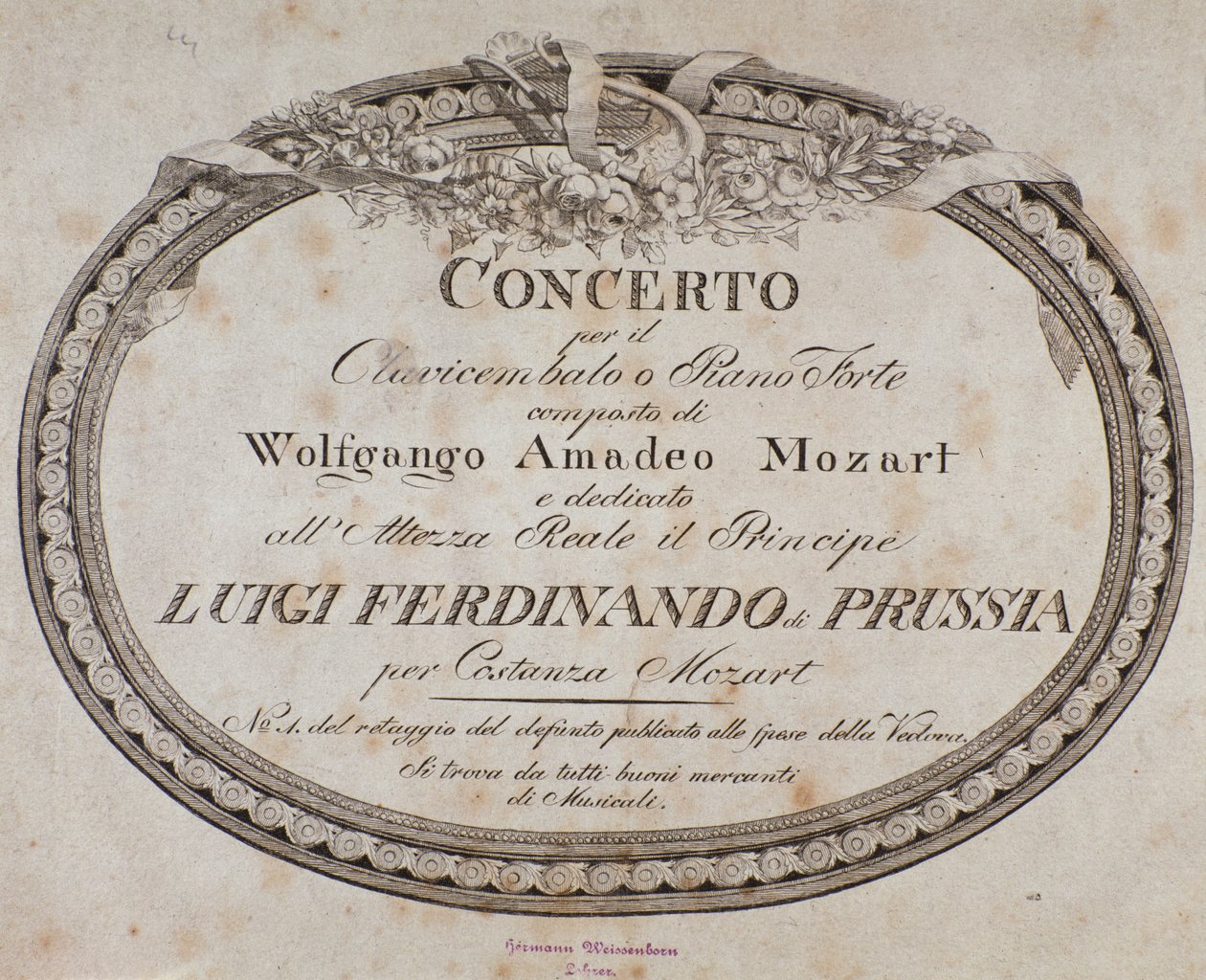 Frontispice av partitur av konsert för piano och cembalo av den österrikiska kompositören Wolfgang Amadeus Mozart (1756-1791). av Austrian School