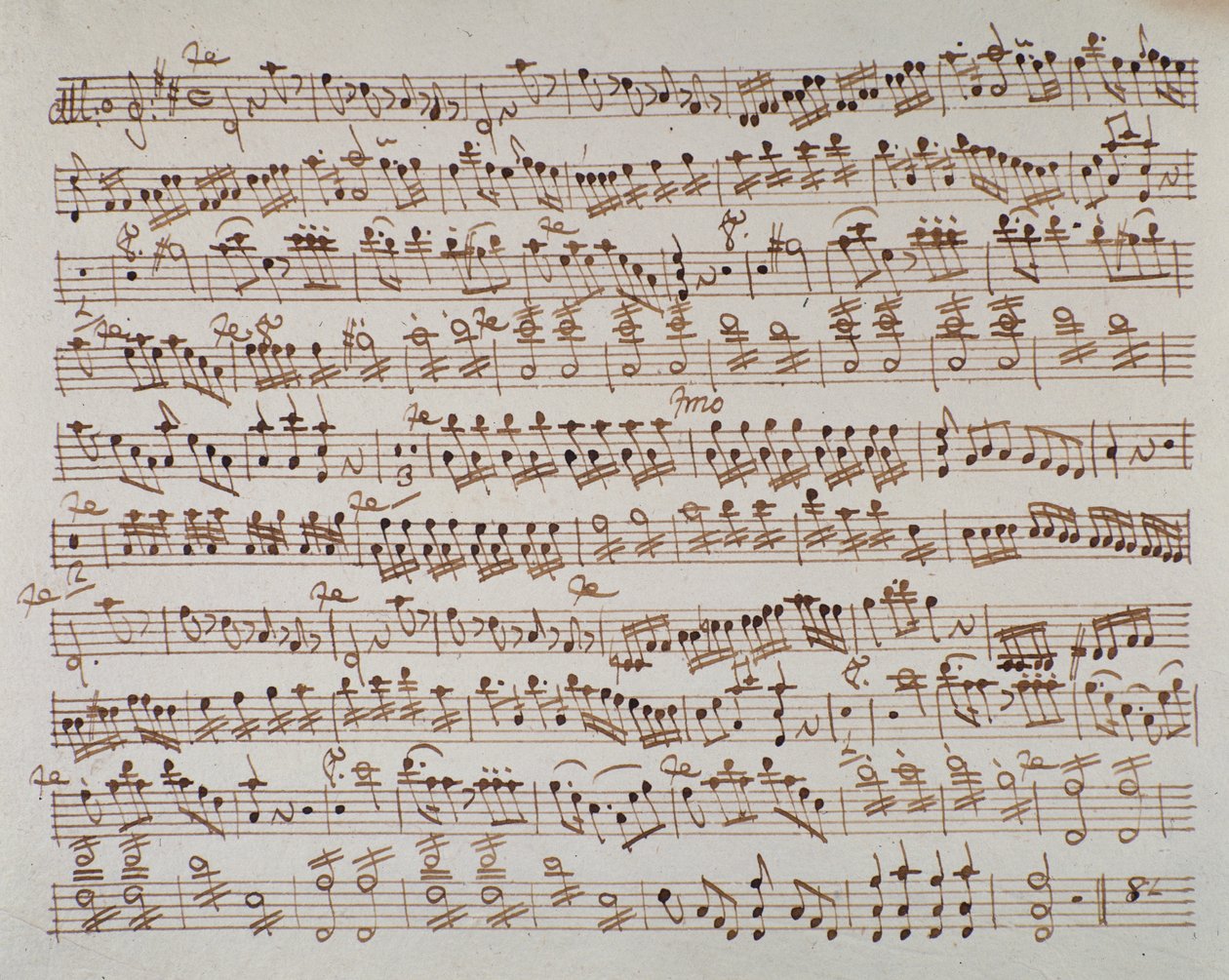 Sida med partitur av första violin i Mithridate-ouvertyr av den österrikiska kompositören Wolfgang Amadeus Mozart (1756-1791), 1770. av Austrian School