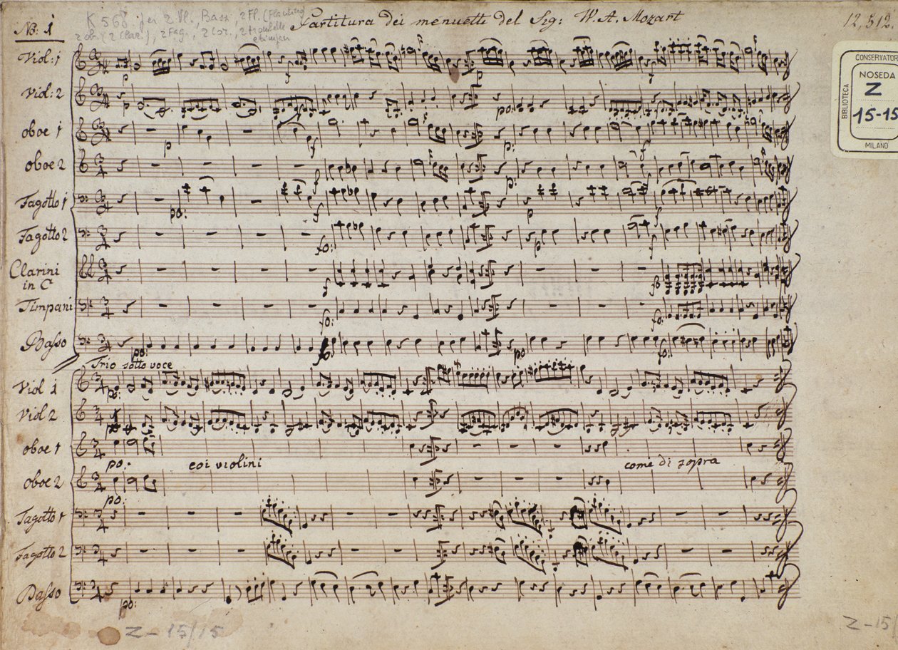 Sida med musikpartitur av menuetter i 5 kadenser för piano, K 568 av den österrikiska kompositören Wolfgang Amadeus Mozart (1756-1791) av Austrian School