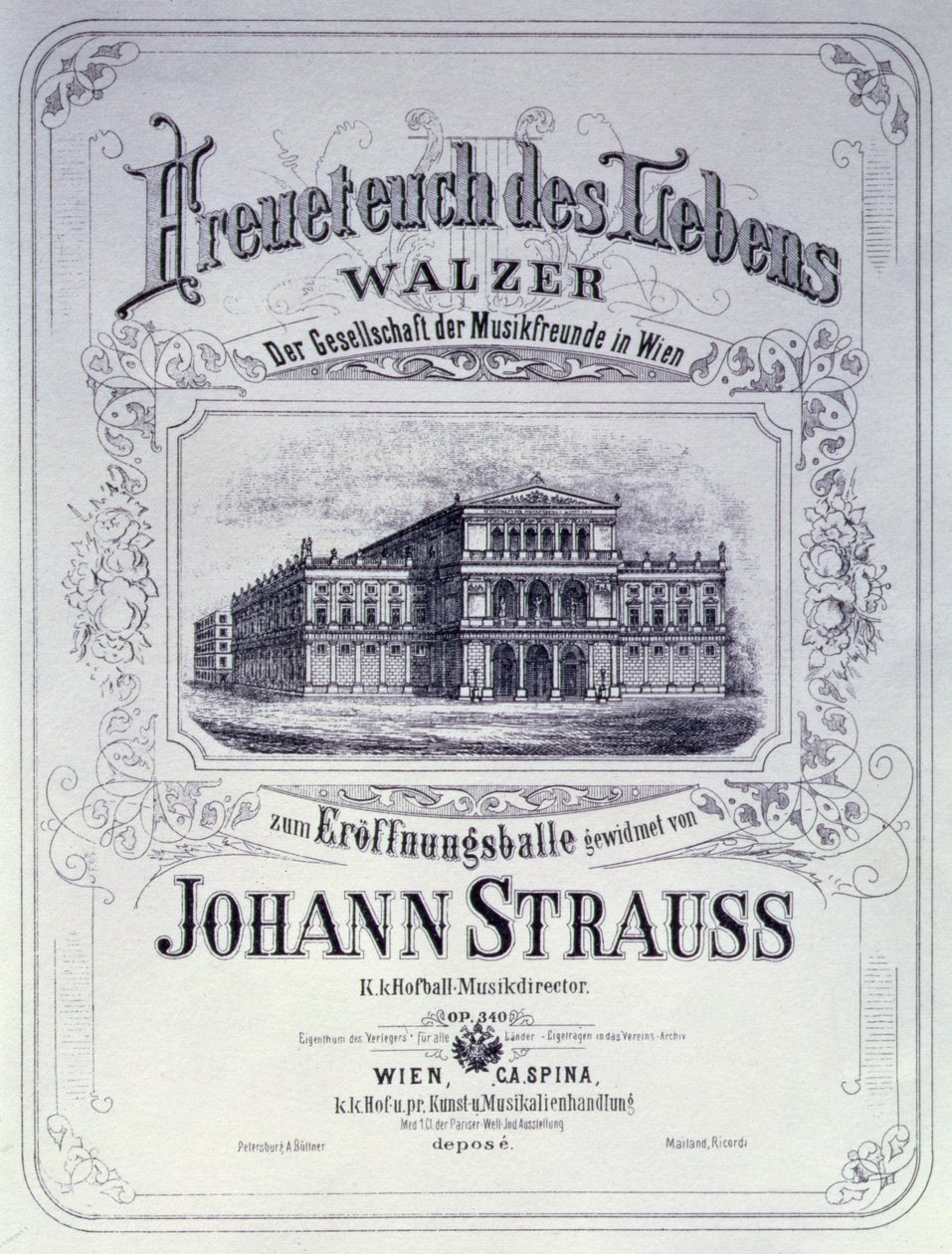Affisch som reklamerar Freueteuch des Lebens, en vals av Johann Strauss den yngre som ska presenteras vid en invigningsbal, 1870 av Austrian School