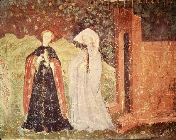 Juni månad, detalj av två kvinnor på promenad, ca 1400 av Bohemian School
