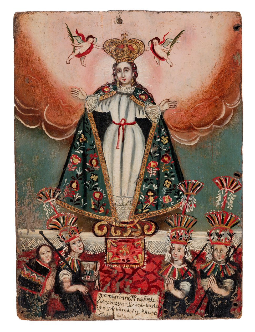 Jungfru Maria med indiska donatorer, 1752 (olja på träpanel) av Bolivian School
