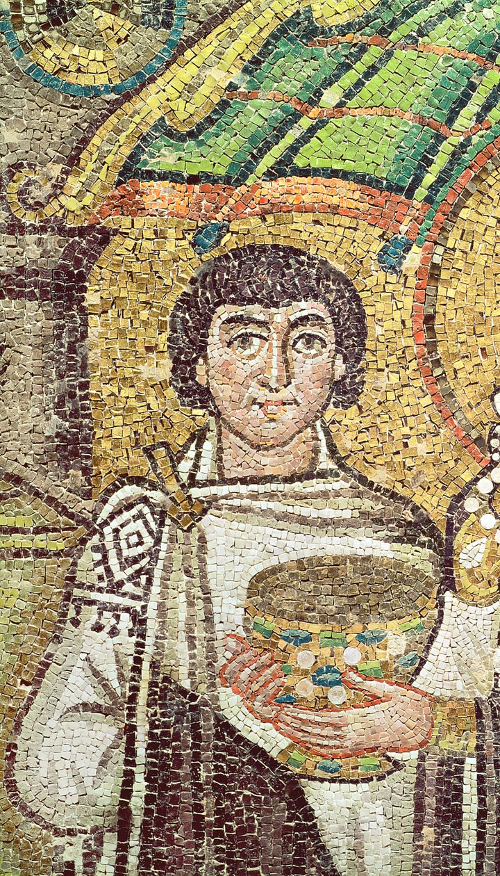 Kejsarinnan Theodora med sitt hov av två ministrar och sju kvinnor, ca 547 e.Kr. (mosaik) (detalj av 220592) av Byzantine School