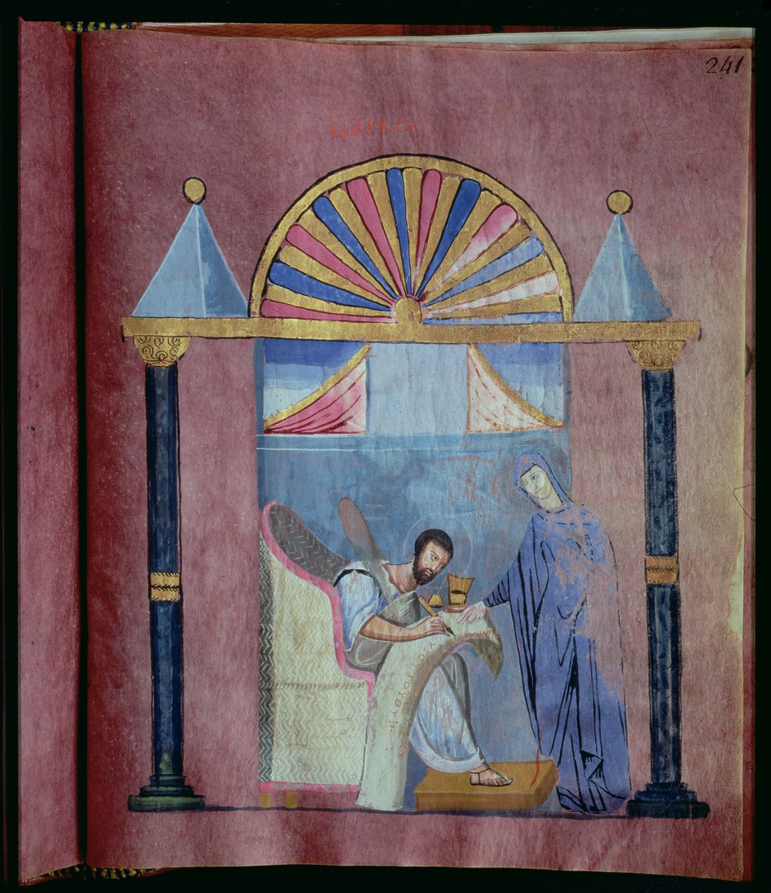 Ms EAB 644 fol.241 Jungfrun dikterar evangeliet till Markus, från Rossano-evangeliet av Byzantine School
