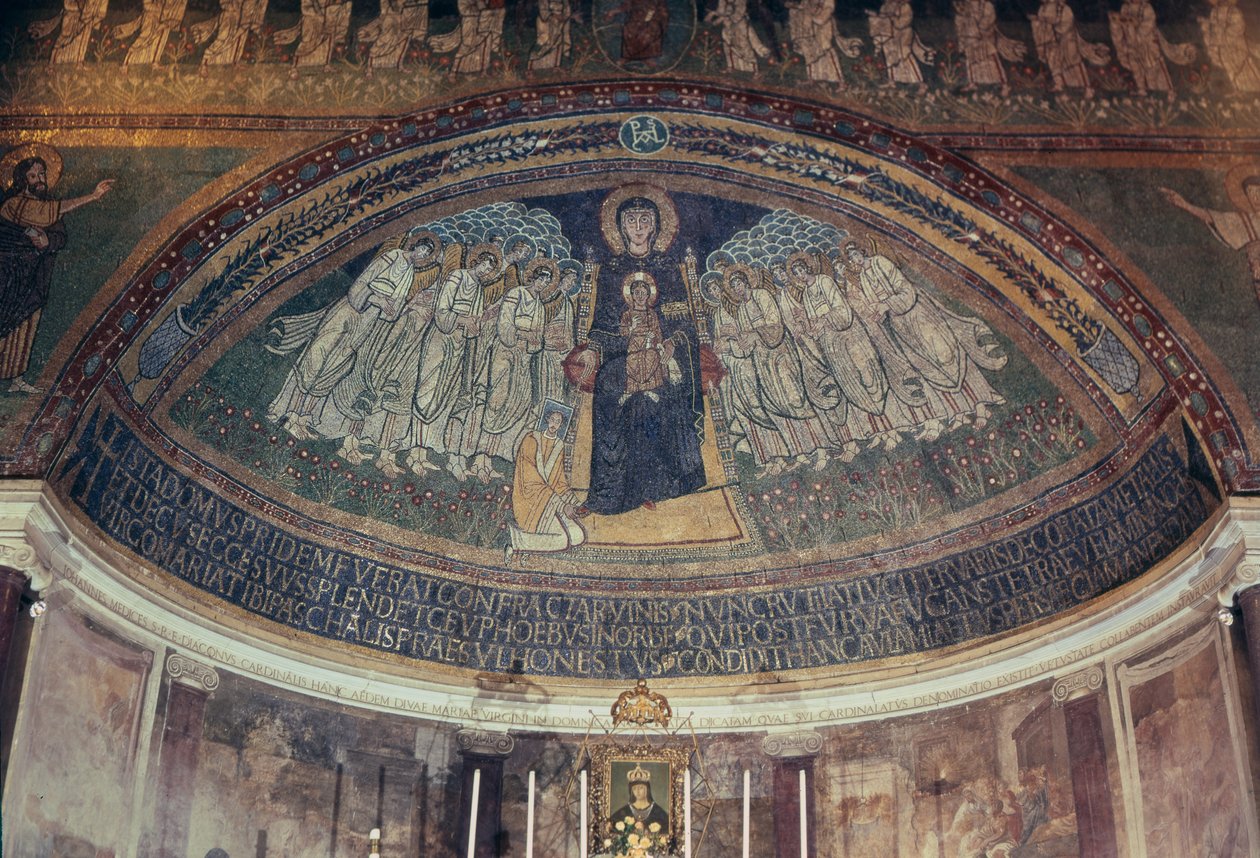 Påven Paschal I (817-24) vid Jungfruns och barnets fötter, från absiden (mosaik) av Byzantine School