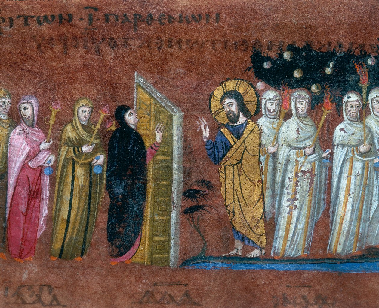 Liknelsen om de tio jungfrurna, detalj från miniatyren från Codex Purpureus Rossanensis, grekiska evangelister i miniatyr troligen från Antiokia i Syrien eller från Cesarea Palestina och förvarade i Di av Byzantine School