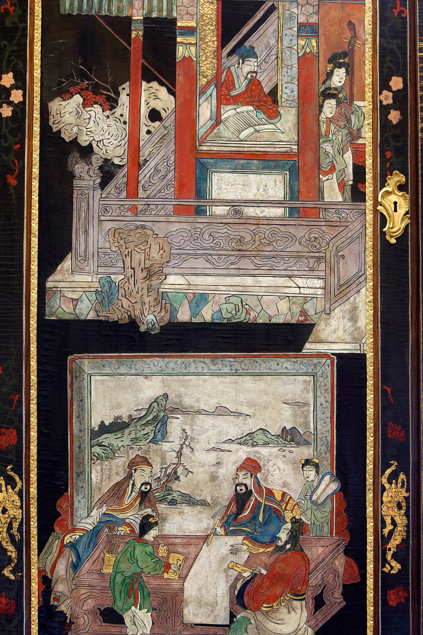 Coromandel lack träpaneler från Kina, detalj, c.1730 av Chinese School