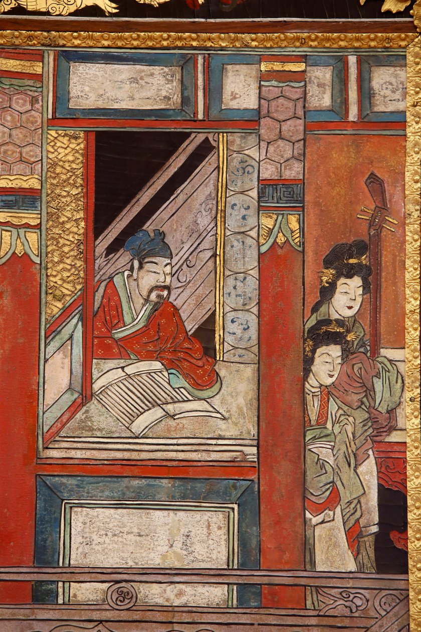 Coromandel lack träpaneler från Kina, detalj, c.1730 av Chinese School