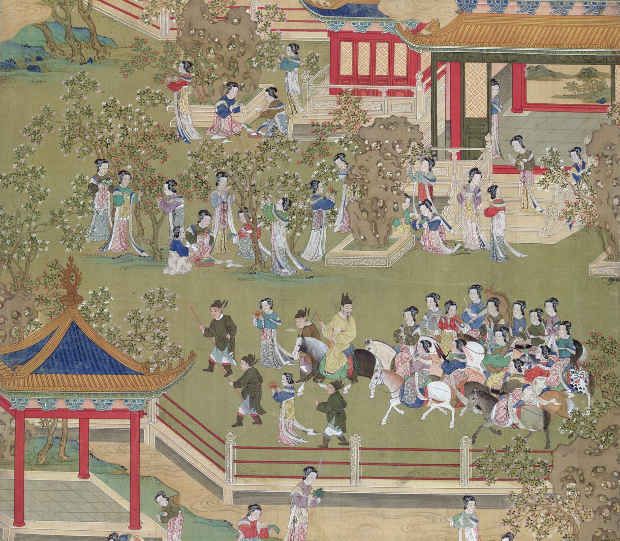 Kejsar Yang Ti (581-618) strosar i sina trädgårdar med sina fruar, från en historia av kinesiska kejsare (färg på siden) (detalj av 39132) av Chinese School