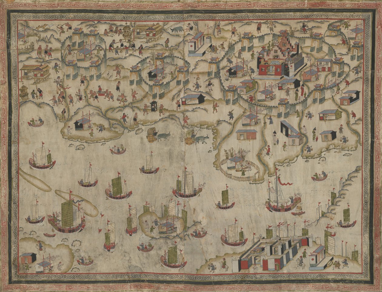Forten Zeelandia och Provintia och staden Tainan, vägghängande (bläck och färg på hjortskinn) av Chinese School