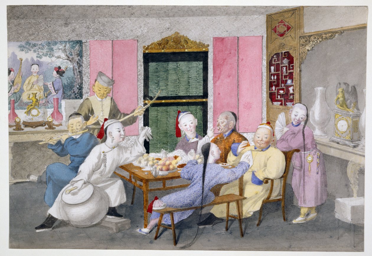 Mandarin som underhålls av musiker ca 1860 (wc på papper) av Chinese School