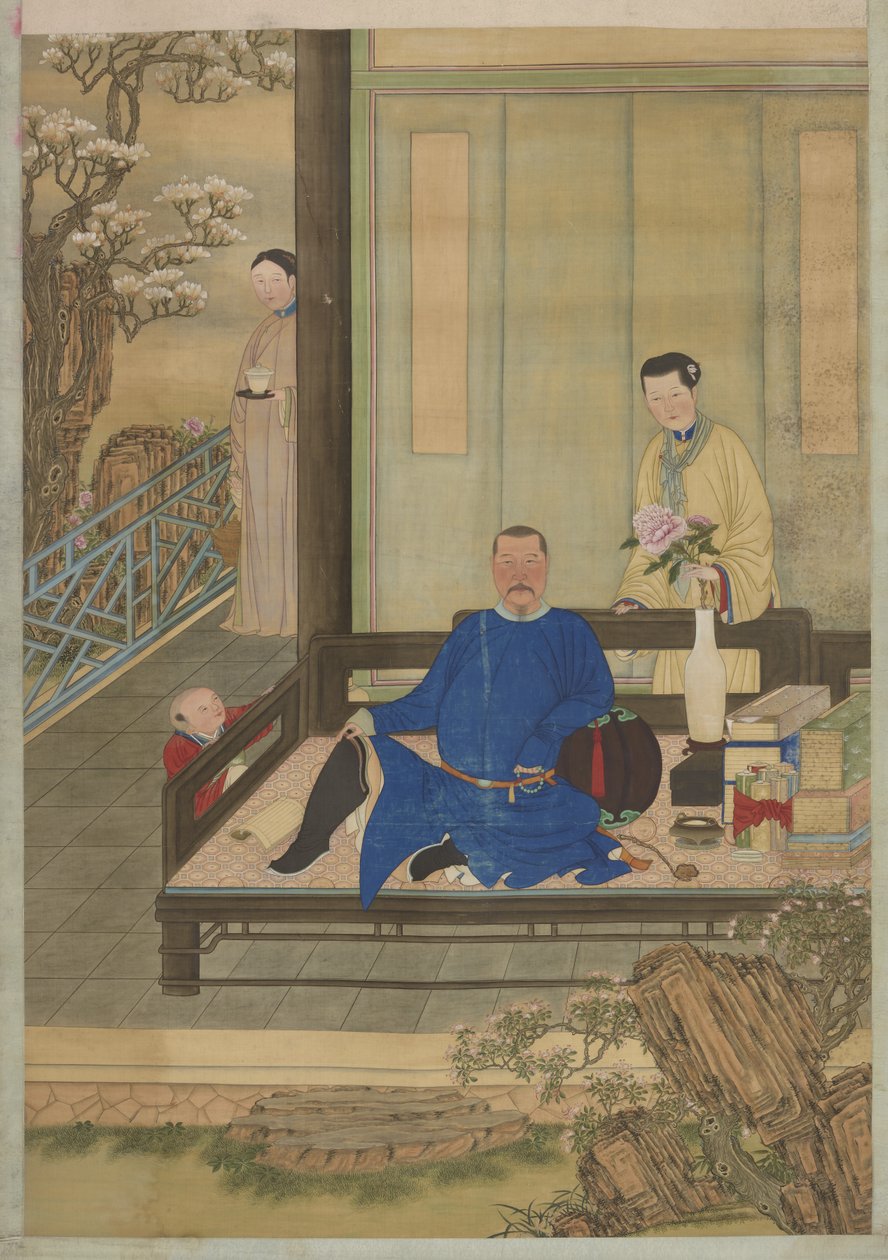Porträtt av en oidentifierad man och hans son, Qingdynastin (bläck & färg på siden) av Chinese School