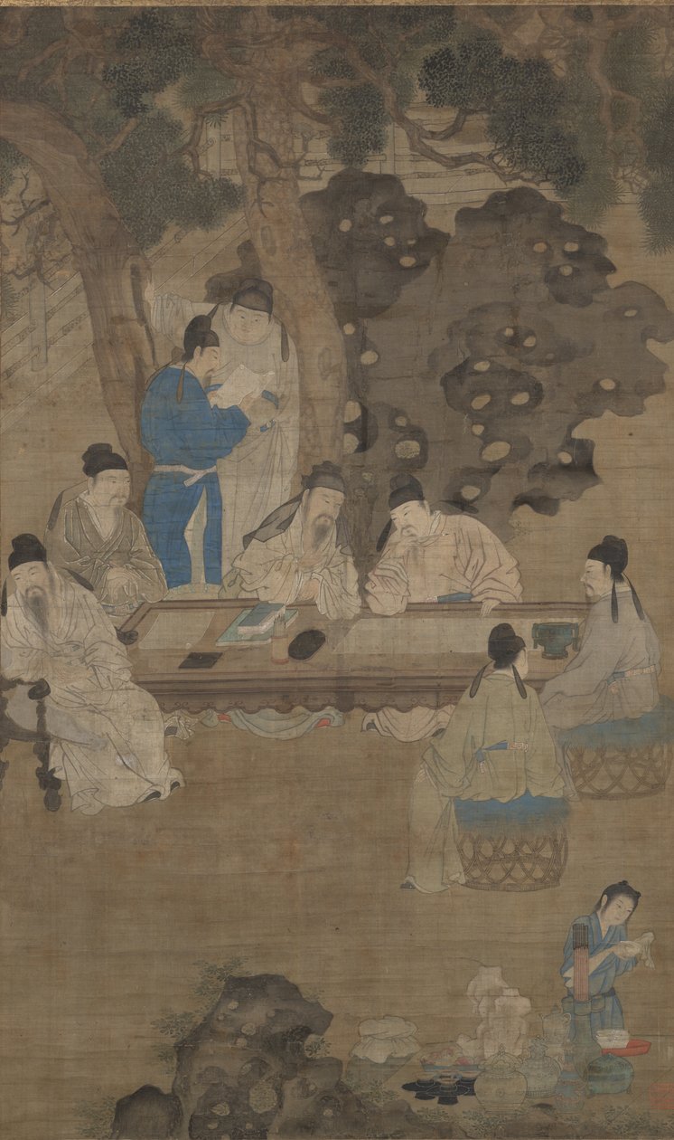 The Eighteen Scholars of Tang, 1600-talet (bläck, färg och siden) av Chinese School