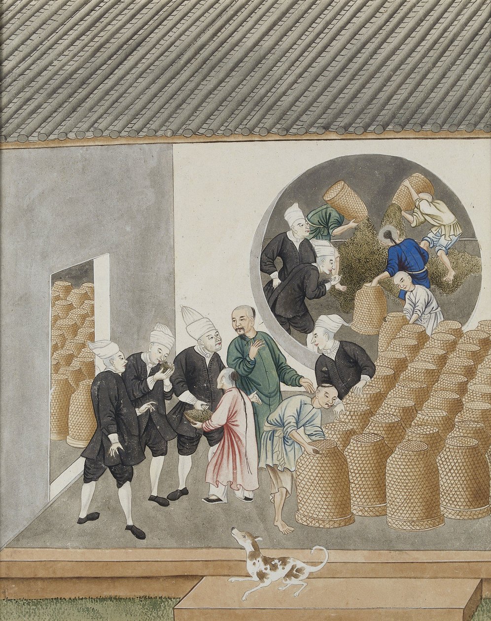 Holländska VOC-handlare i turbo som luktar på te för att kontrollera kvaliteten i ett teförråd i Kanton (Guangzhou), ca 1770. av Chinese School