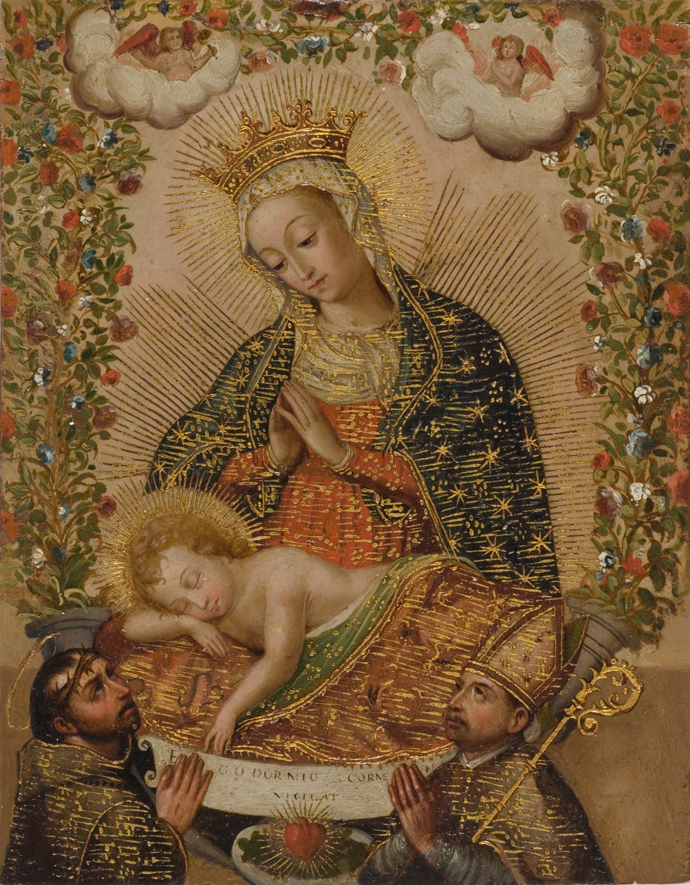 The Virgin Adoring the Christ Child with Two Saints, 1700-talet (olja med guld på koppar) av Cuzco School