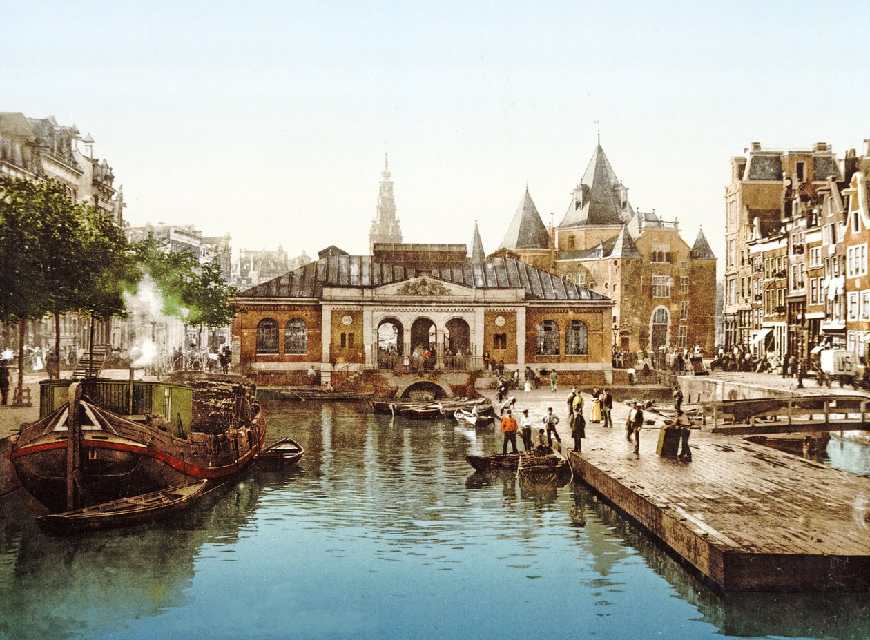 Fishmarket and Bourse, Amsterdam, Nederländerna, pub.c. 1900 (kromograf) av Dutch Photographer