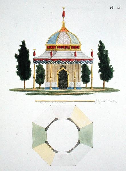 Design för en trädgårdsbyggnad i hindustil, från Magazine of Garden Gems av G. van Laar, publicerad 1802 (se även 172961) av Dutch School