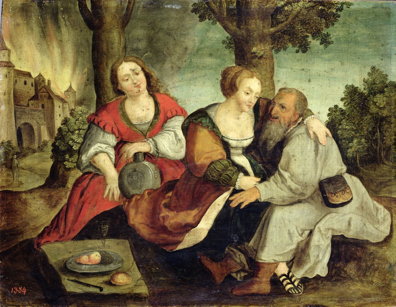 Lot och hans döttrar, sent 1500-tal (olja på ekpanel) av Dutch School