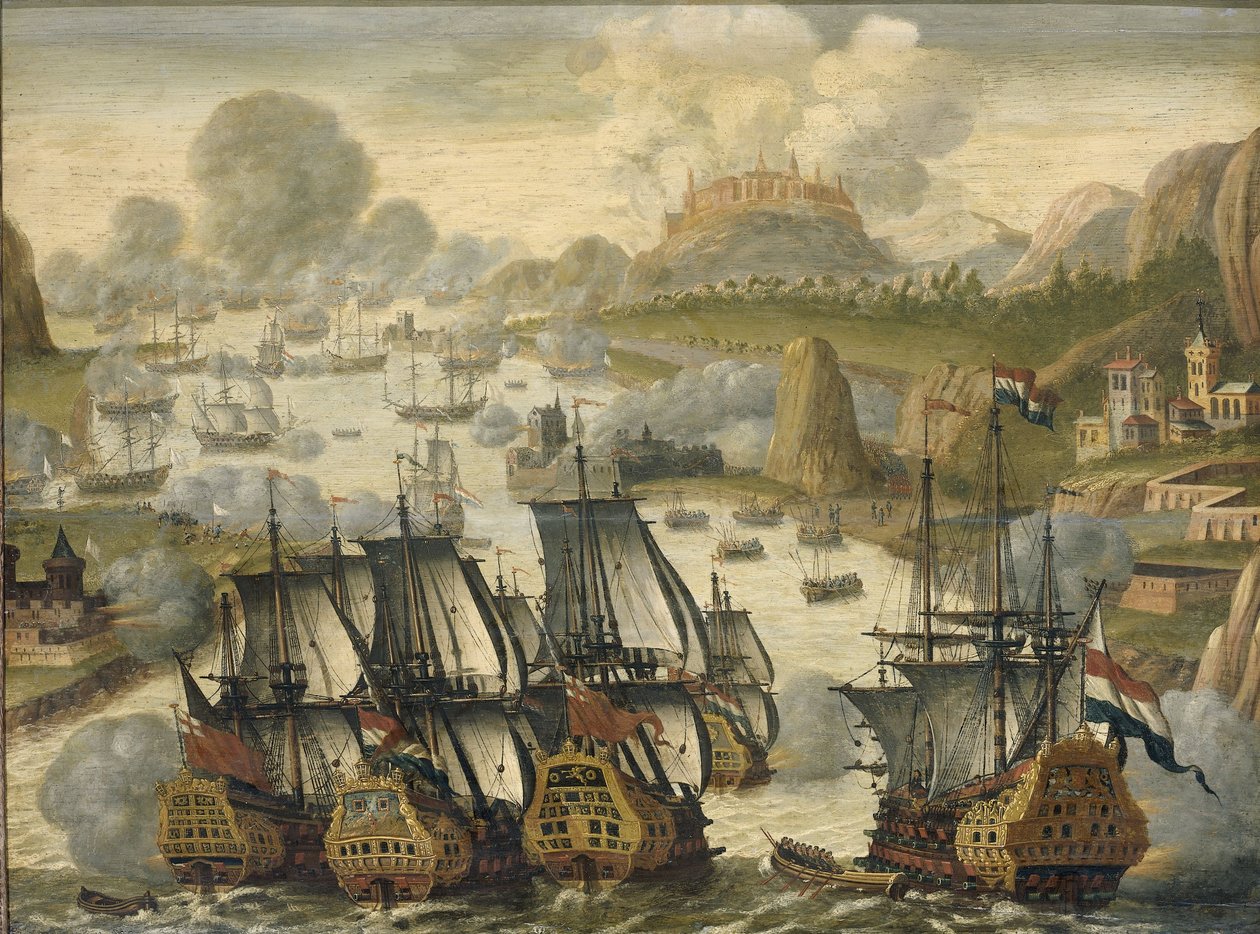 Sjöslaget vid Vigo Bay, 23 oktober 1702, från det spanska tronföljdskriget, ca 1705 av Dutch School
