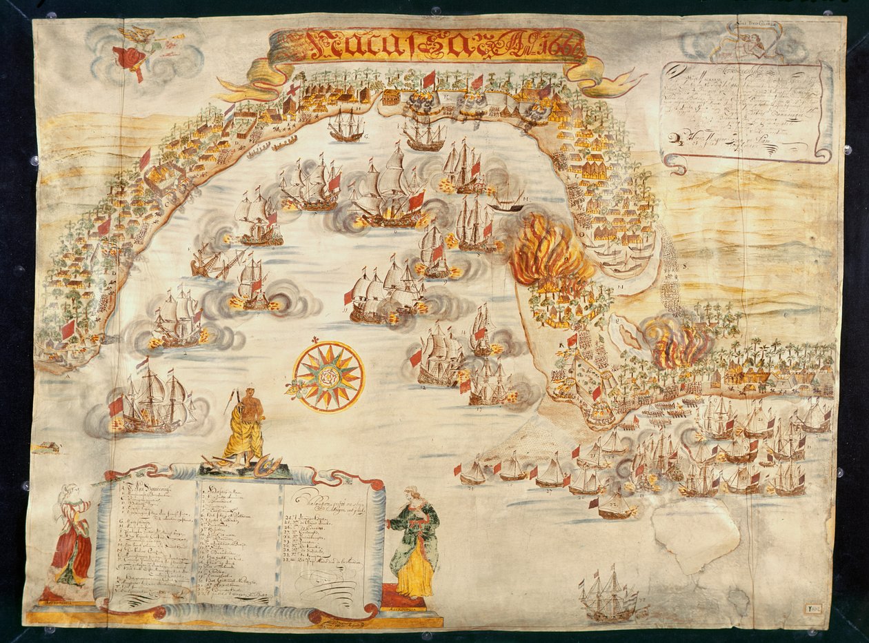 Staden Makassar, innehavd av portugiserna och intagen av holländarna 1660 av Dutch School