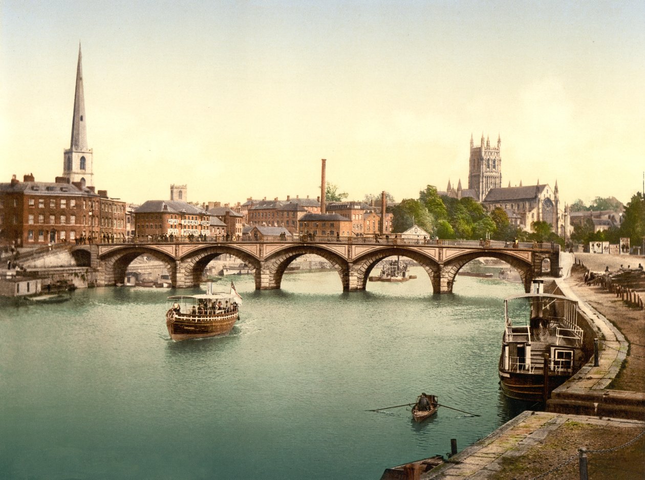 Worcester Bridge, Worcester, pub. c.1890 - 1900 (kromolitografi) av English Photographer