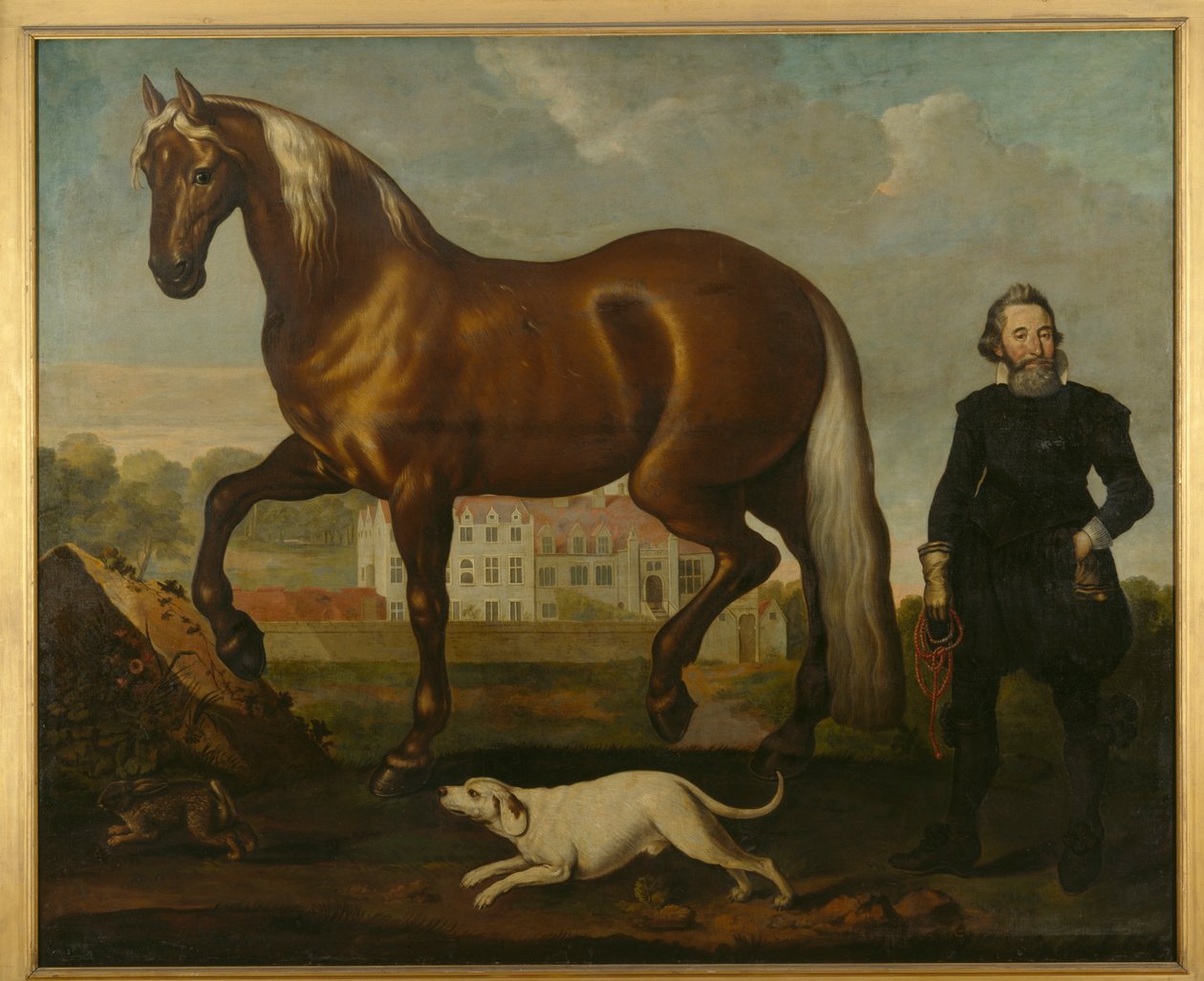A Bay Horse med utsikt över Welbeck Abbey – West Front, c.1630 av English School