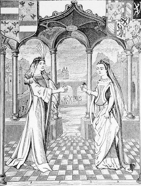 En trolovningsintervju, illustration från vetenskap och litteratur under medeltiden och renässansen, skriven och graverad av Paul Lacroix, 1878 av English School