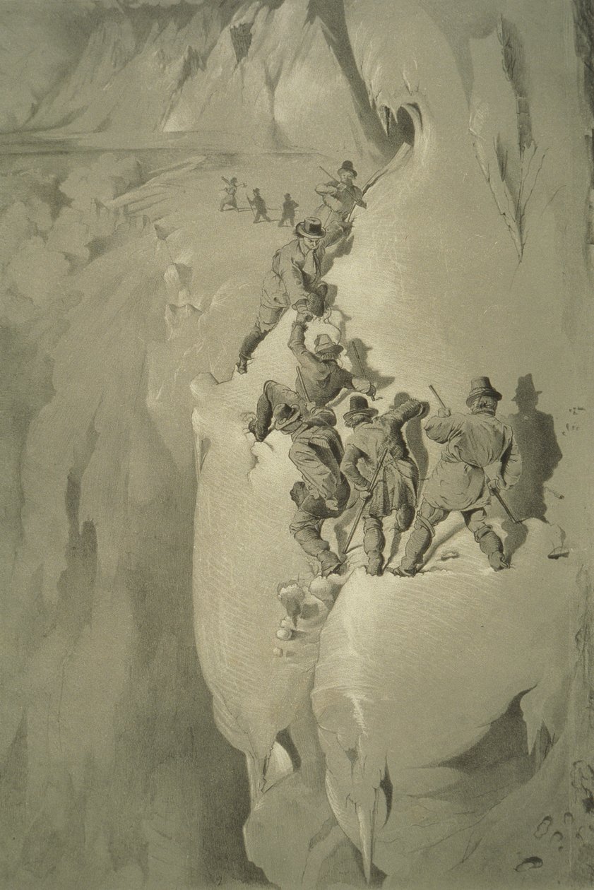 A Dangerous Corner, från tio scener i den sista bestigningen av Mont Blanc inklusive fem vyer från toppmötet, av J.D.H. Browne, publicerad 1853 av English School