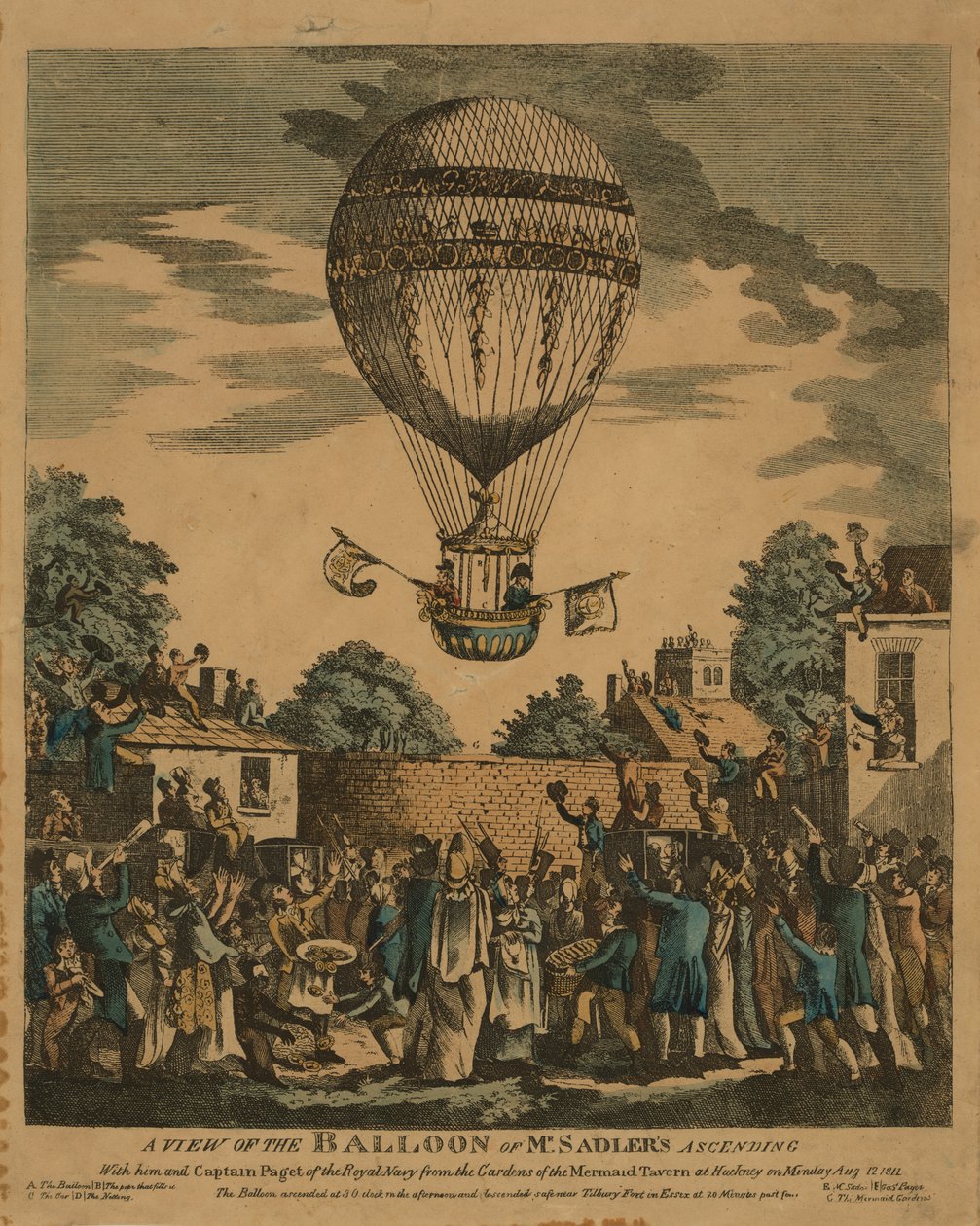 En vy av ballongen av Mr. Sadlers som stiger upp med honom och kapten Paget från Royal Navy från trädgårdarna på Mermaid Tavern i Hackney måndagen den 12 augusti 1811 av English School