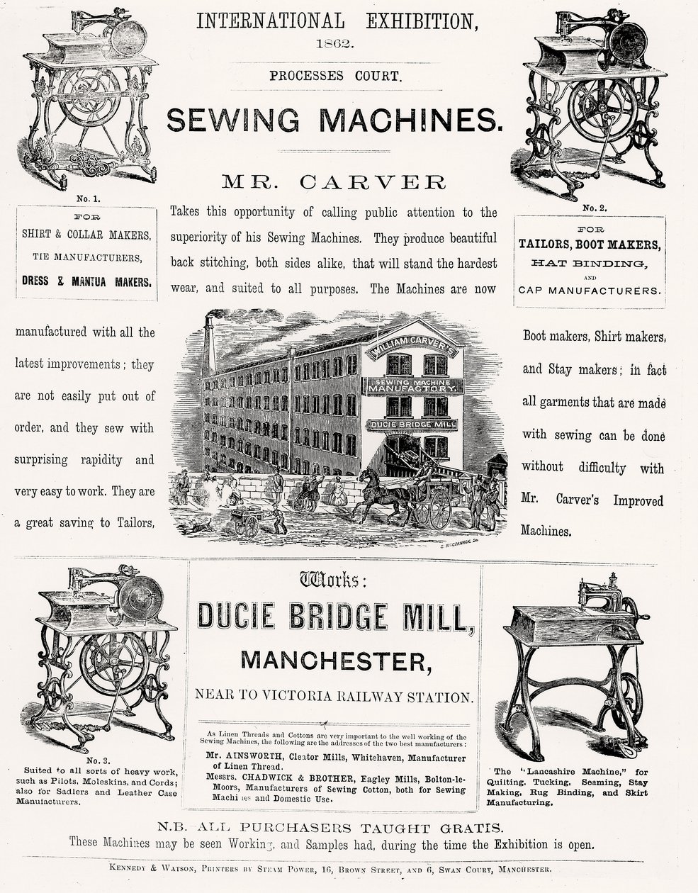 Annons för den internationella utställningen av Mr Carvers symaskiner, 1862 av English School