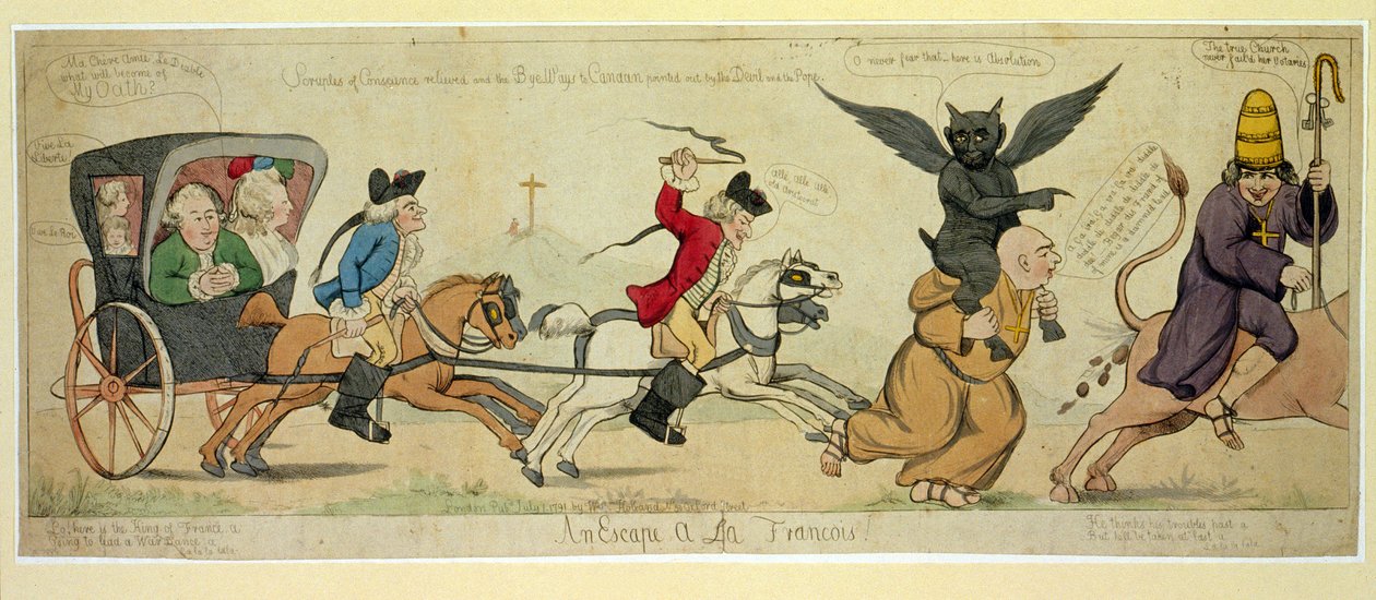 En flykt à la Francois, pub. London 1791 (handfärgad gravyr) av English School