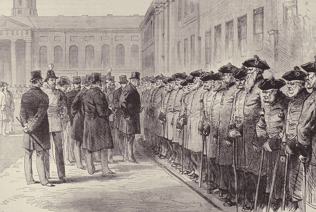 Bicentenary of Chelsea Hospital: Duke of Cambridge Inspecting the Pensioners, från The Illustrated London News, 25 februari 1882 av English School