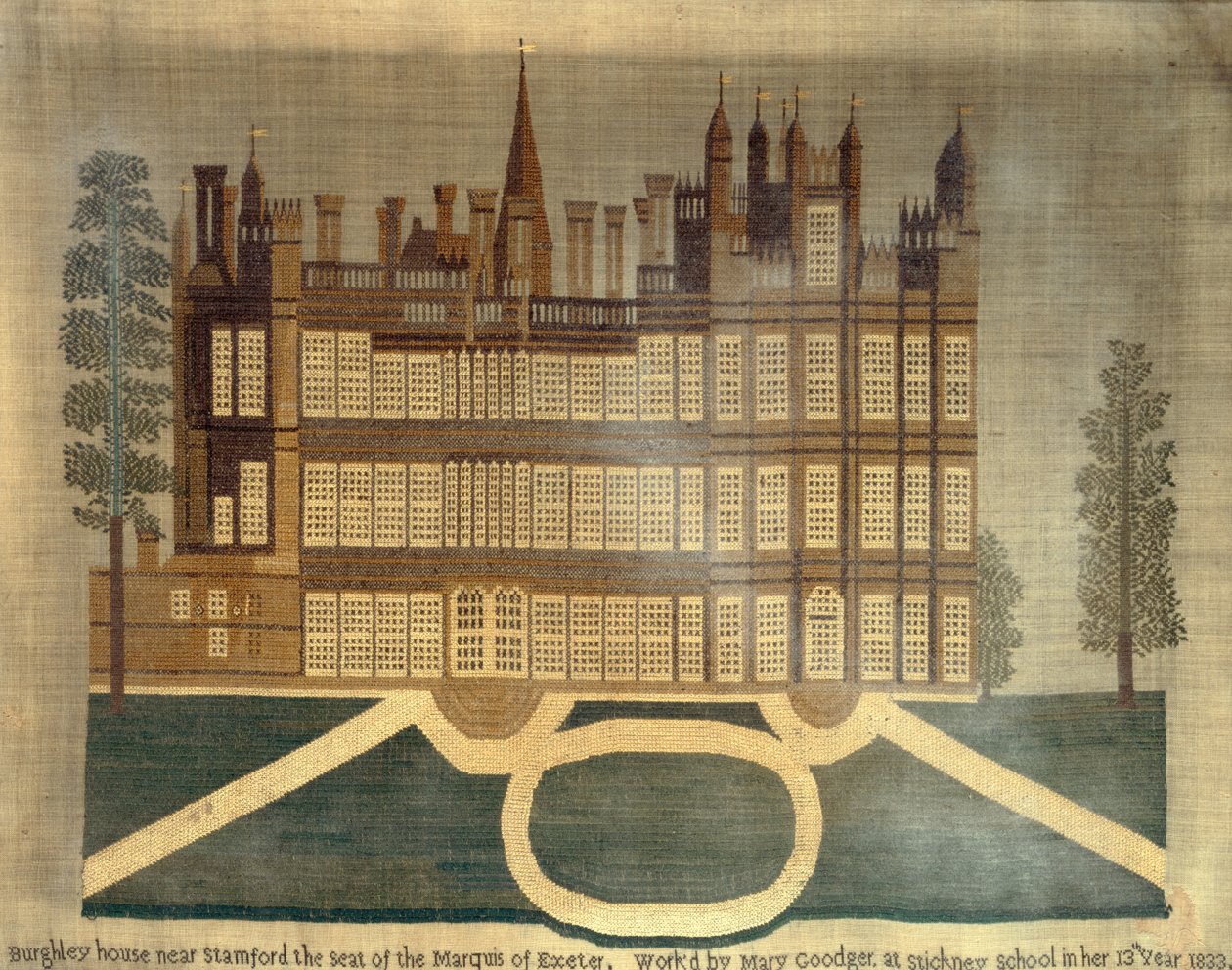 Burghley House nära Stamford, 1833 (korsstygn på linne) av English School