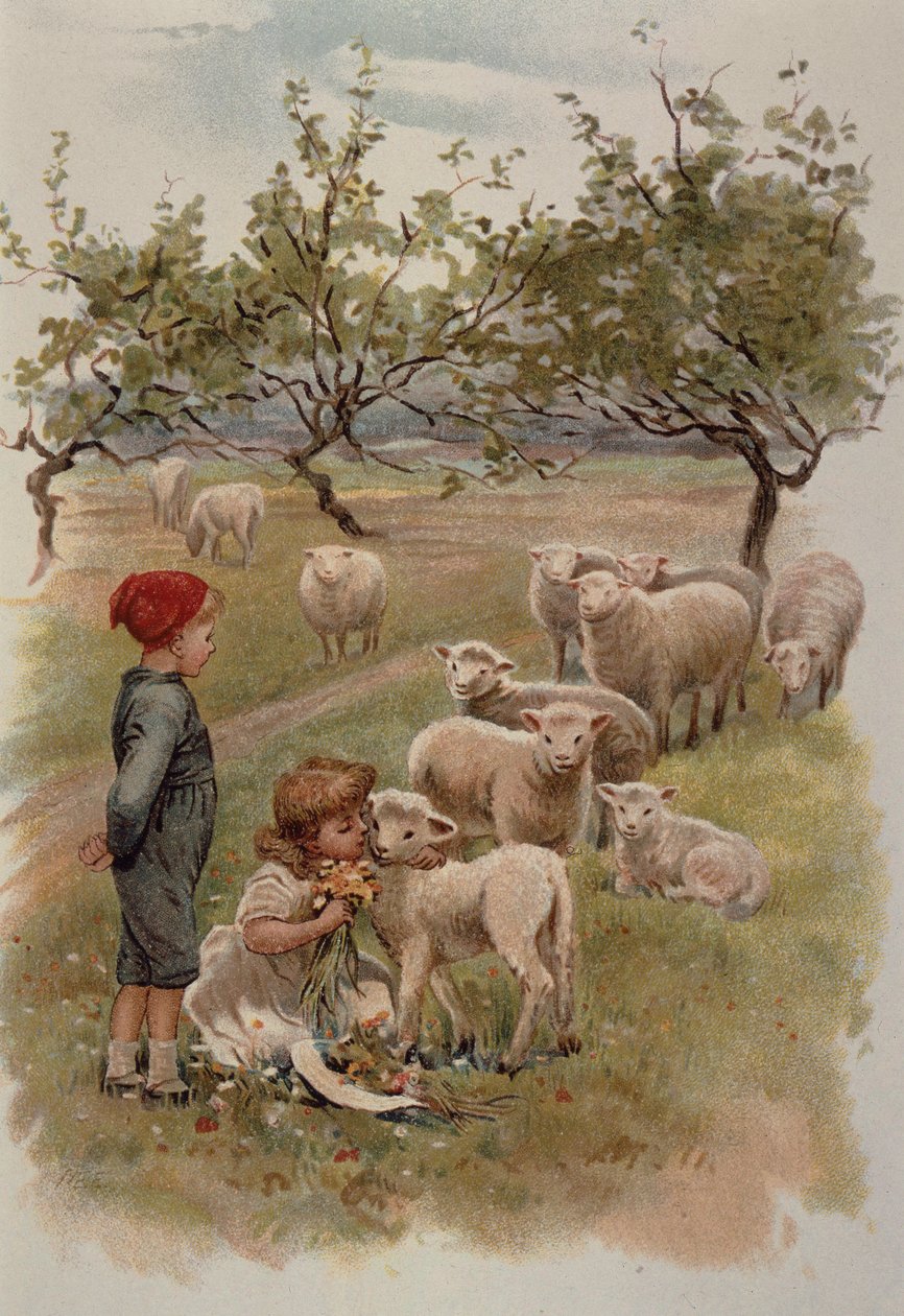 Barn med lamm bland tusenskönor av English School
