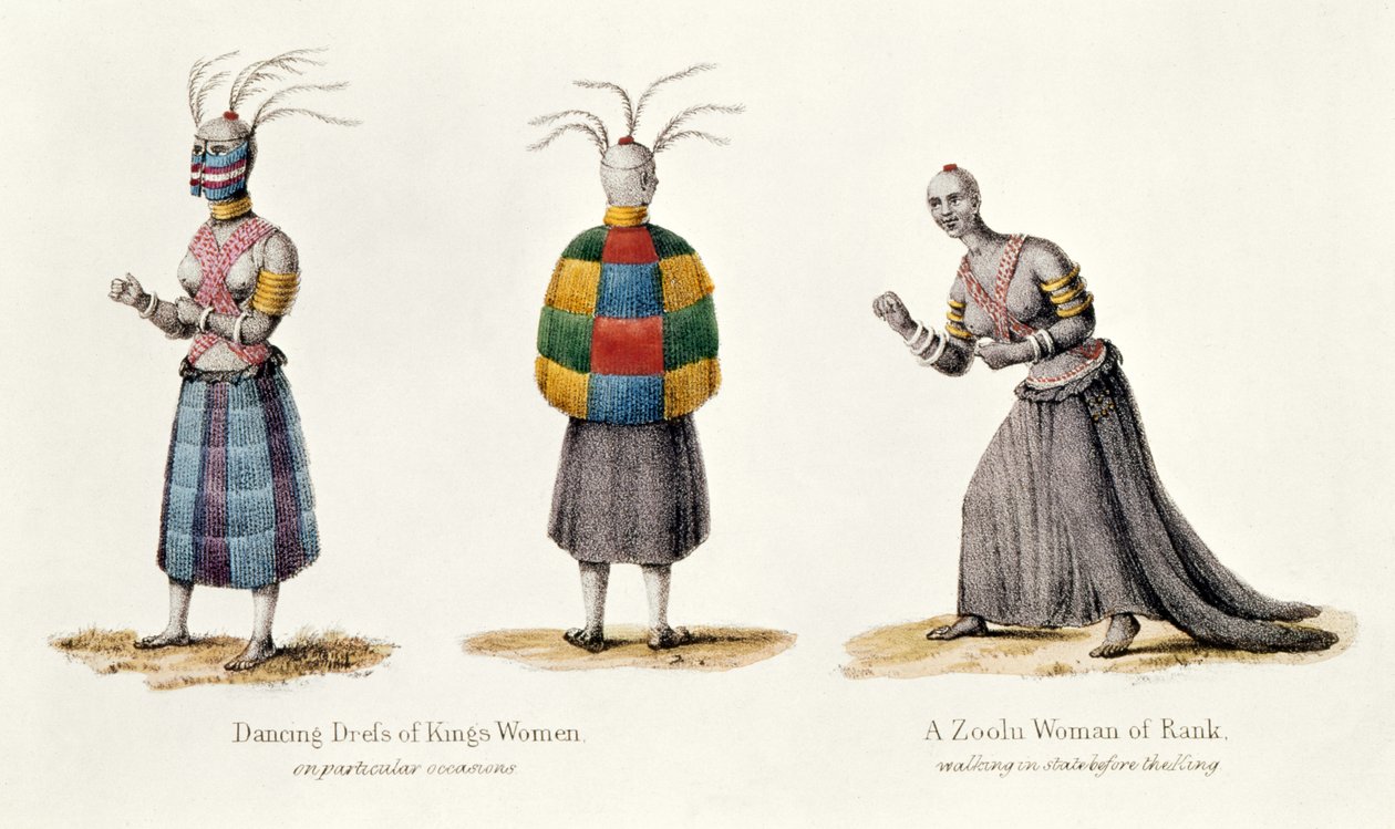 Dancing Dress of Kings Women and a Zulu Woman of Rank, illustration från Narrative of a Journey to the Zulu Country av A.F. Gardiner, 1836 av English School