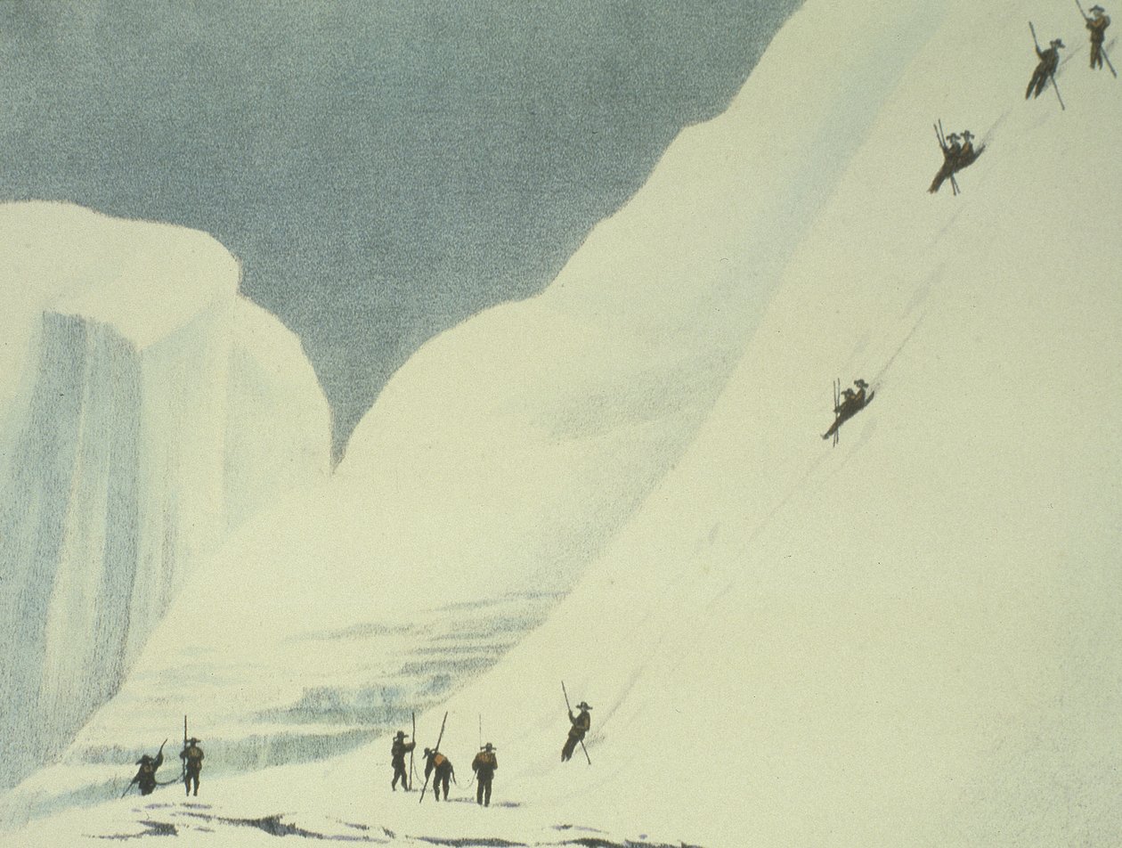 Descending the Steep Snows, from A Narrative of an Ascent to the Summit of Mont Blanc av Charles Fellows (1799-1860), publicerad 1827 av English School