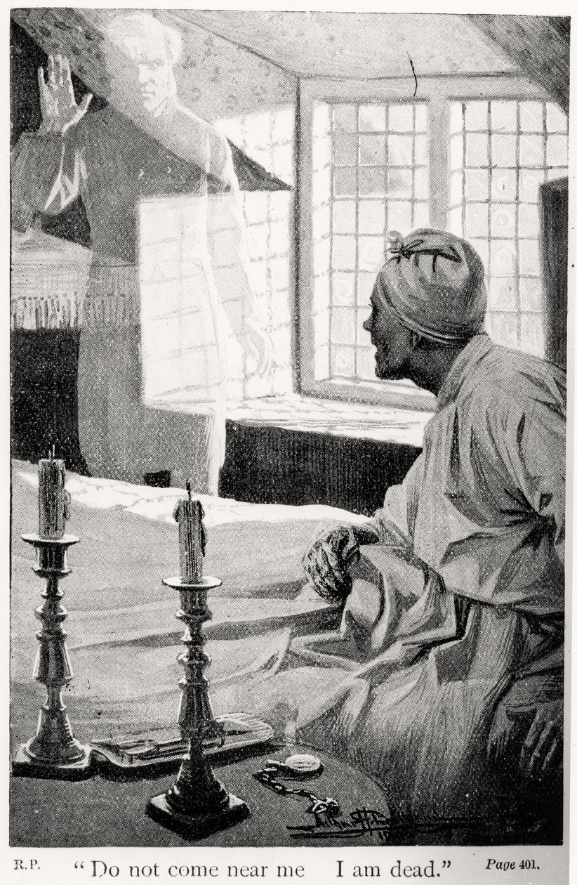 Kom inte nära mig, jag är död, illustration från A Christmas Carol av Charles Dickens (1812-70) av English School