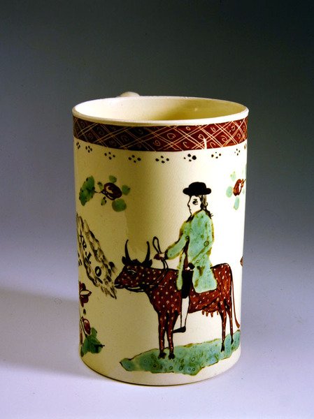 Lergodsmugg med ko och ryttare, 1770 (keramik) av English School