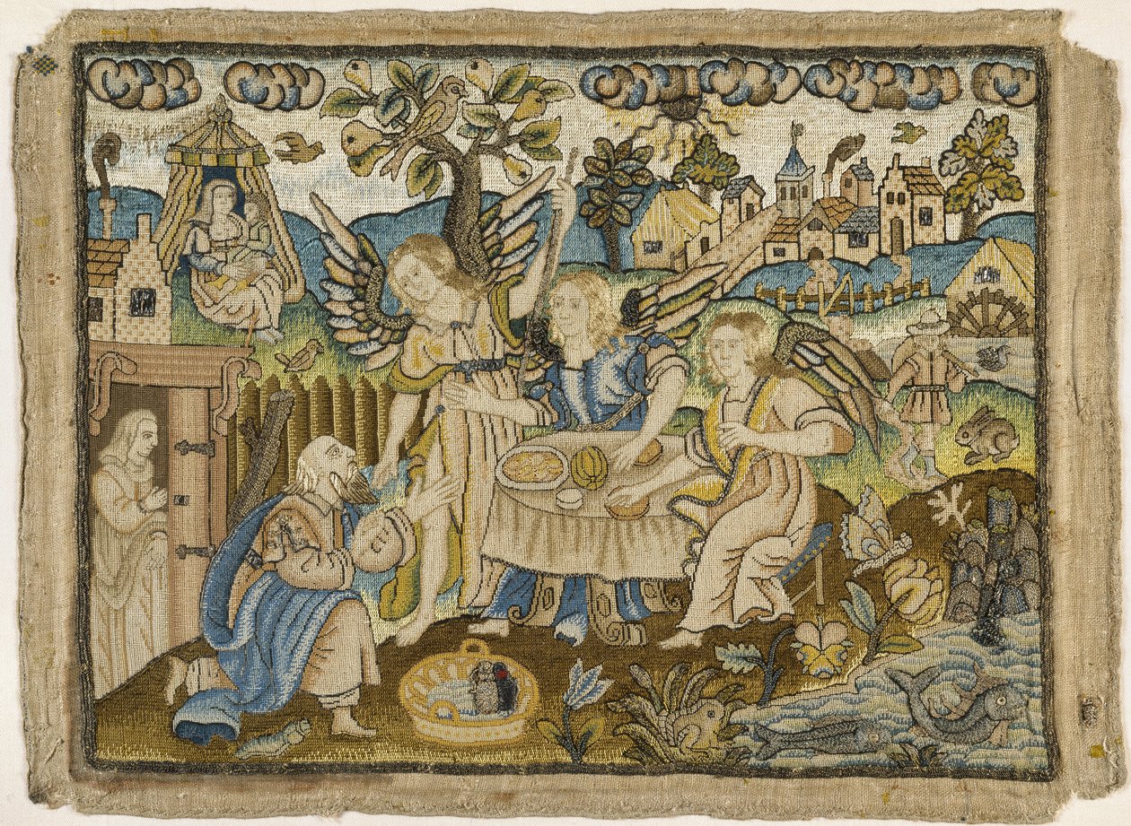 Broderad bild: Abraham underhållande änglarna, 1600-talets andra hälft (silke och metalltrådar på linne) av English School