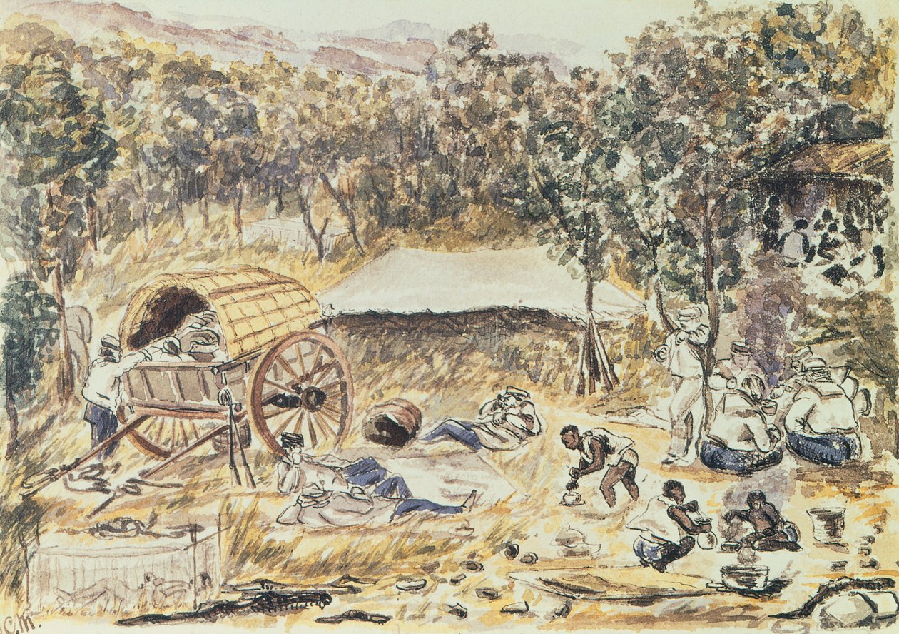 Kvällsstopp på resan för att söka en väg för Lady Nyasas transport från fallen till sjön, ca 1863 (wc på papper) av English School