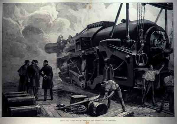 Avfyra 111-ton mot Woolwich (den största pistolen som finns), från The Illustrated London News, 11 juni 1887 av English School