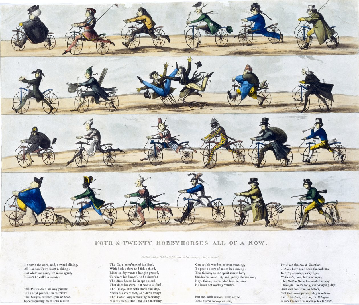 Fyra och tjugo hobbyhästar på rad, 1819 (färgad akvatint) av English School