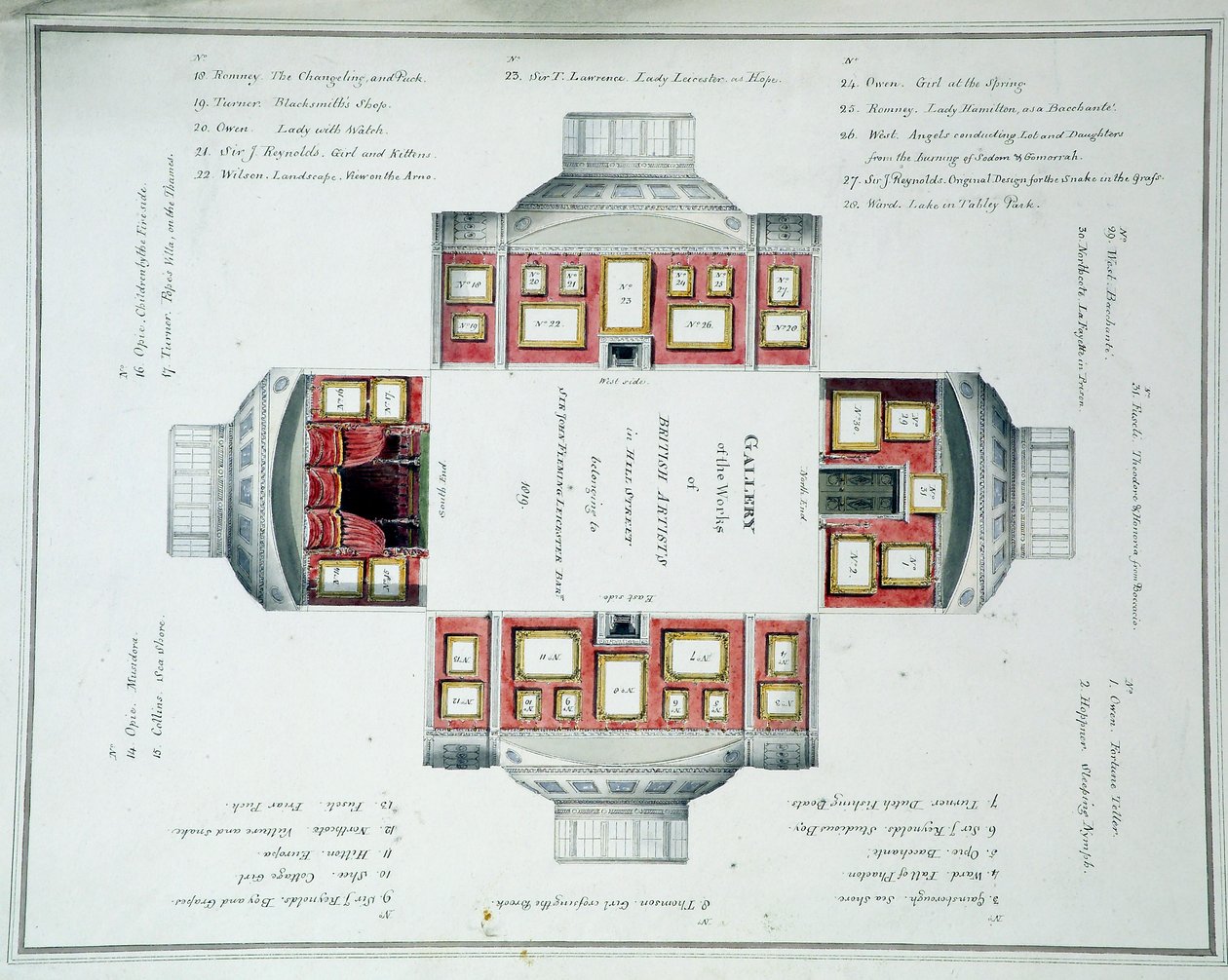 Hängplan av Sir John Leicesters Gallery, Hill Street, ca 1806 (wc över penna på papper) av English School
